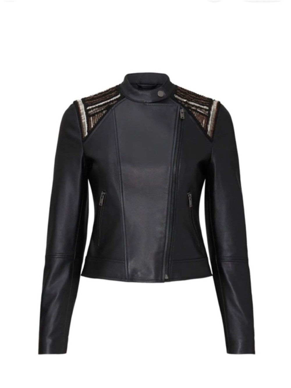 Slate & Willow Black Leather Moto Jacket with Beaded Shoulder Detail size medium